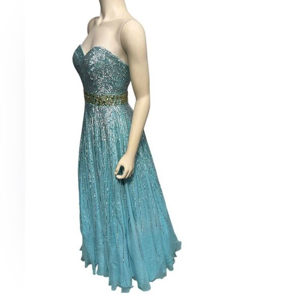 Sherri Hill 100% Silk Light Blue Gown with Sequins Strapless Prom Dress Size 8 - Picture 2 of 15